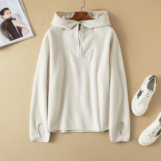 Corn white new loose hooded half zip women's shoulder hoodie