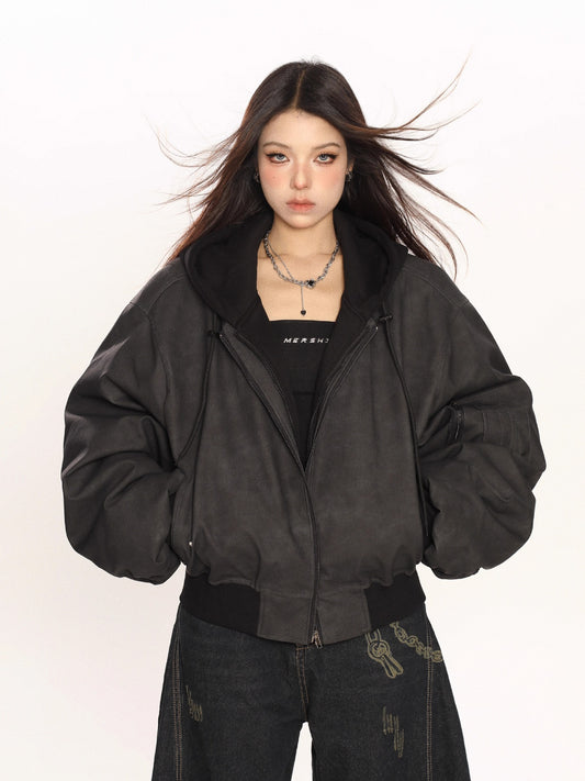 Double hooded jacket women's new loose-fitting flight suit jacket