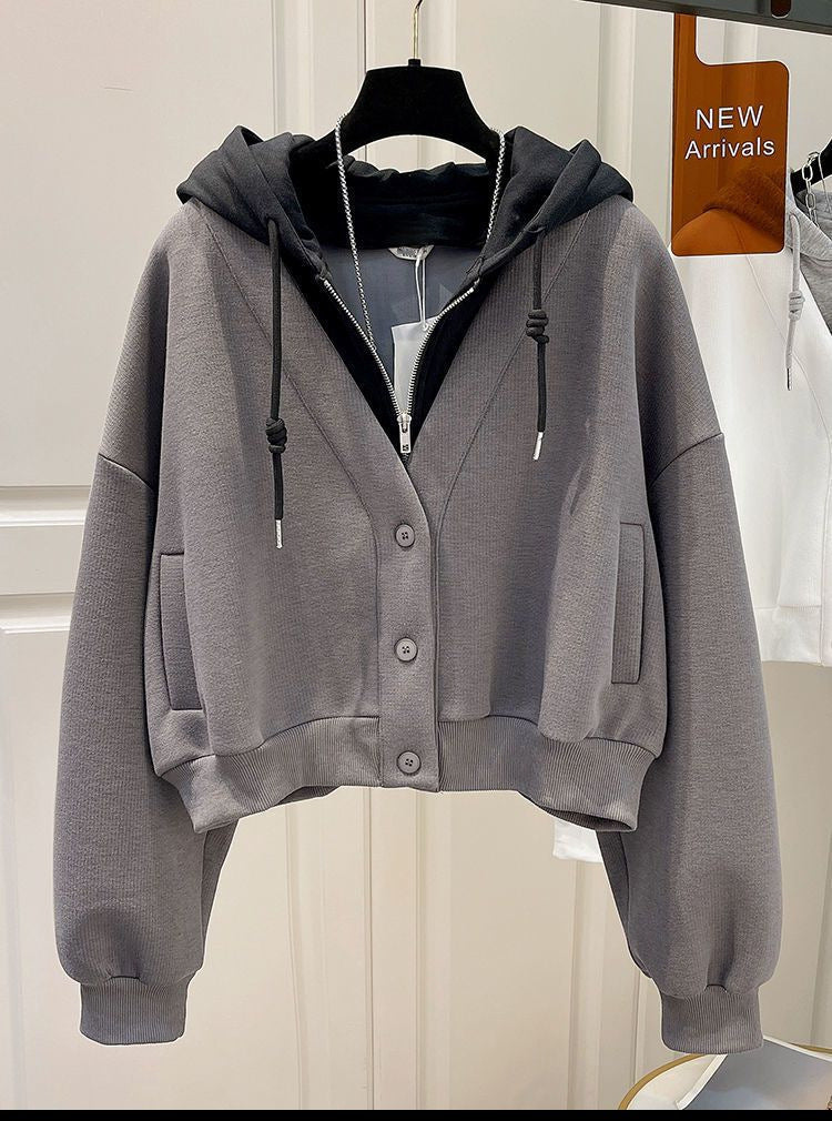 Hooded two short hoodie patchwork cardigan coat