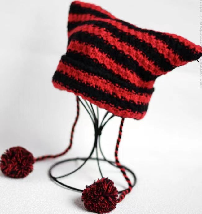 Cute striped hairball knit hat