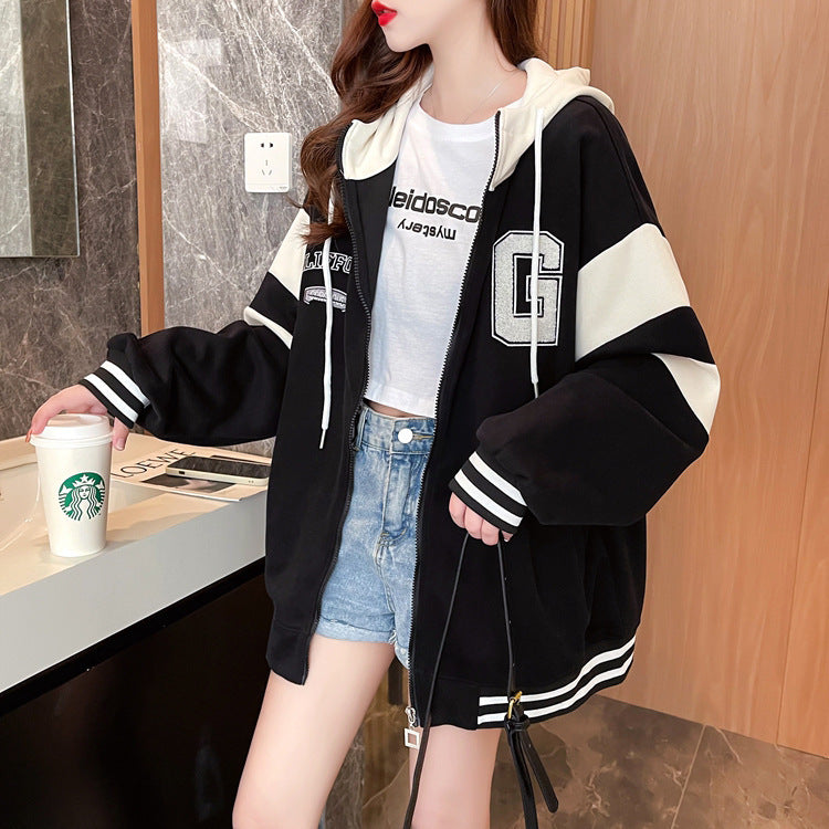 Embroidered loose preppy and fleece hoodie