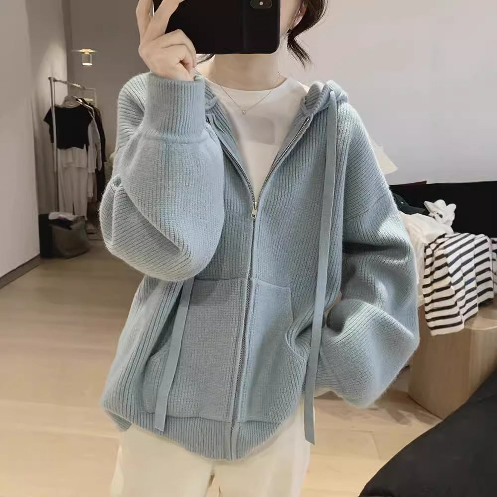 Women's loose hooded zip-up sweater