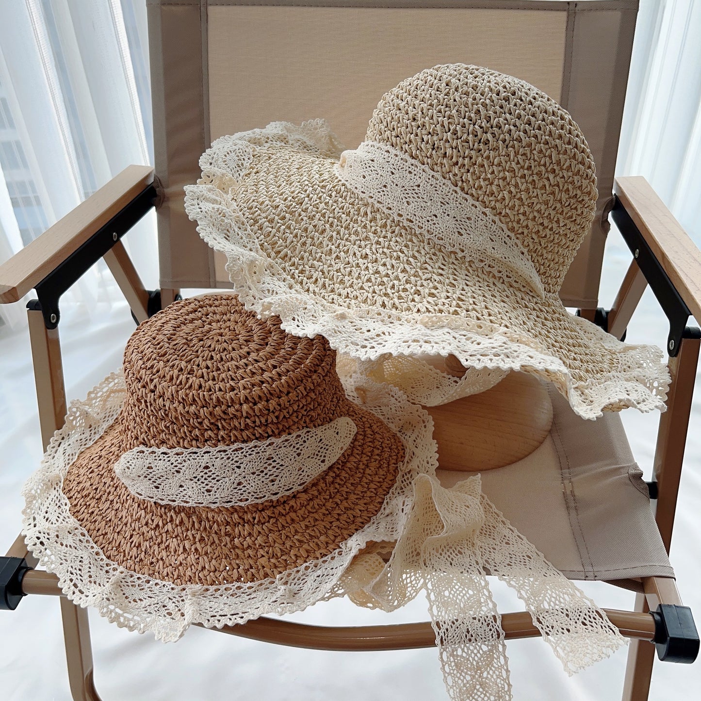 Family lace large brim shade straw hat with sun protection