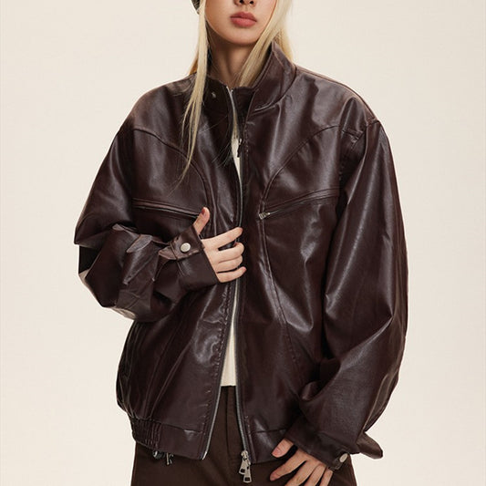 New pu leather jacket with double zipper pockets