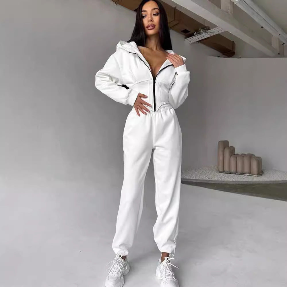 Belted hoodie pant suit sports casual pant two-piece set