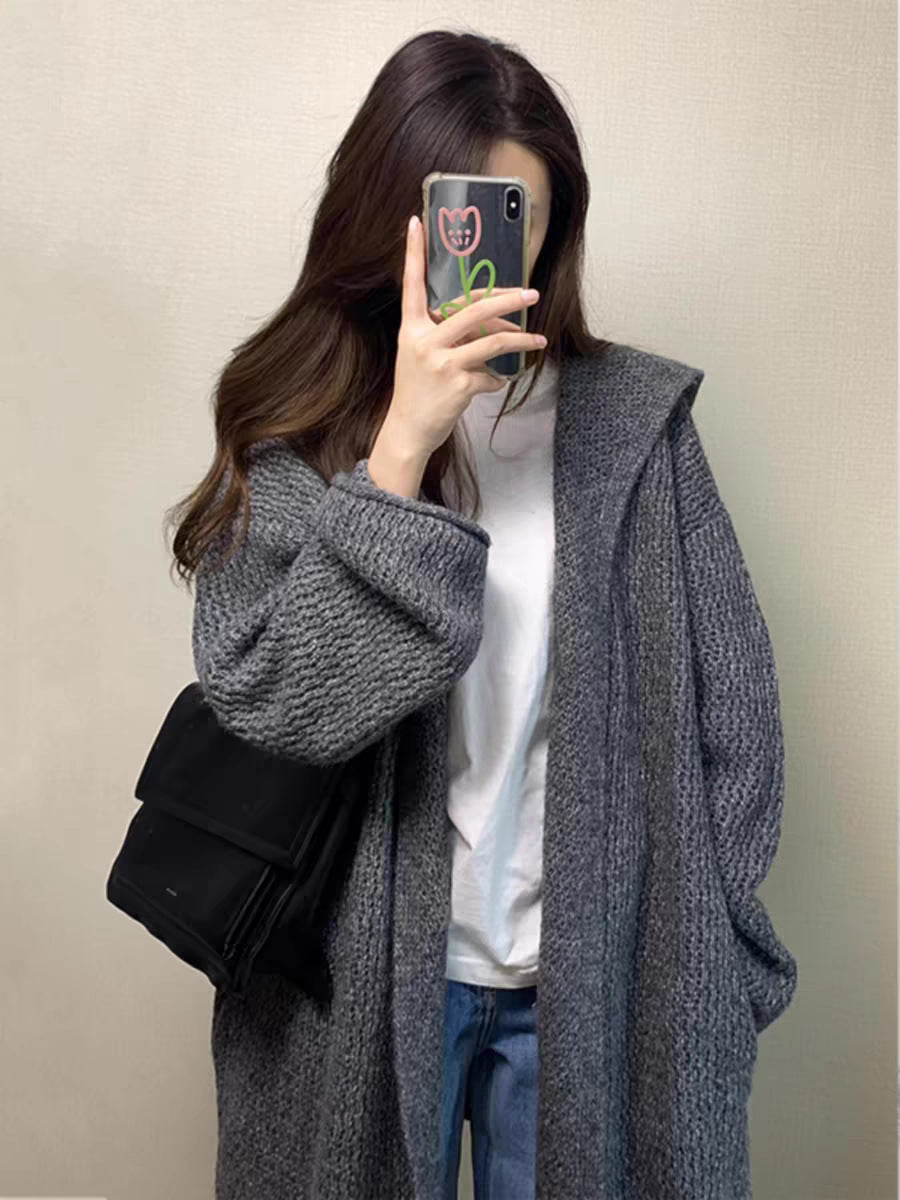 Mid-length gray hooded cardigan