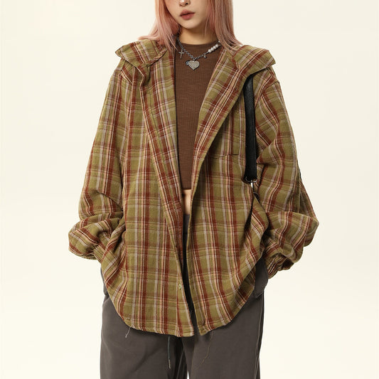 Deluxe loose-fitting shirt New vintage hooded plaid shirt