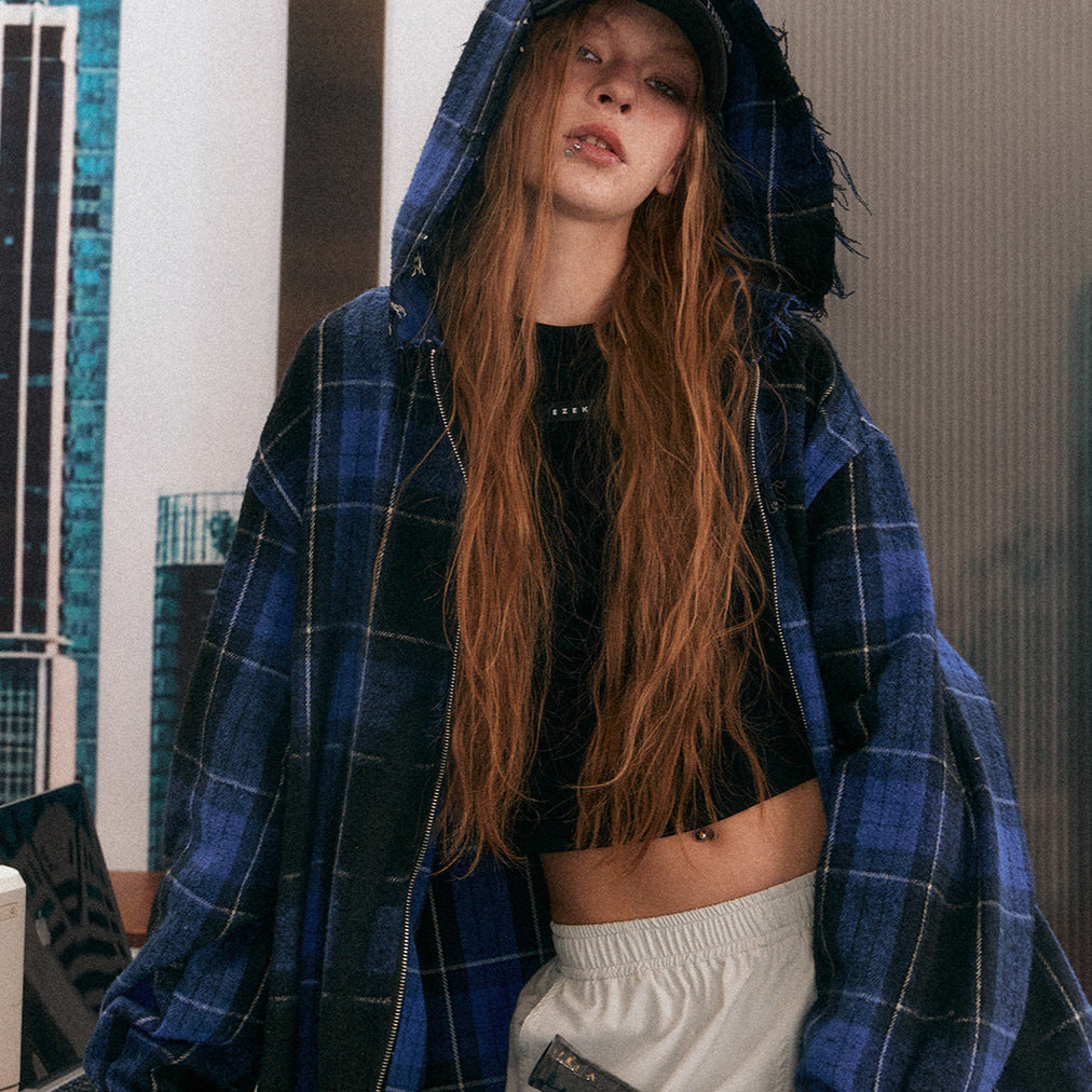 Vintage plaid hooded long-sleeved woolen shirt