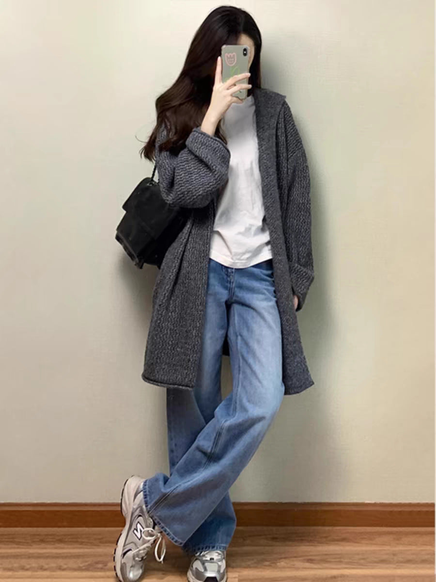 Mid-length gray hooded cardigan