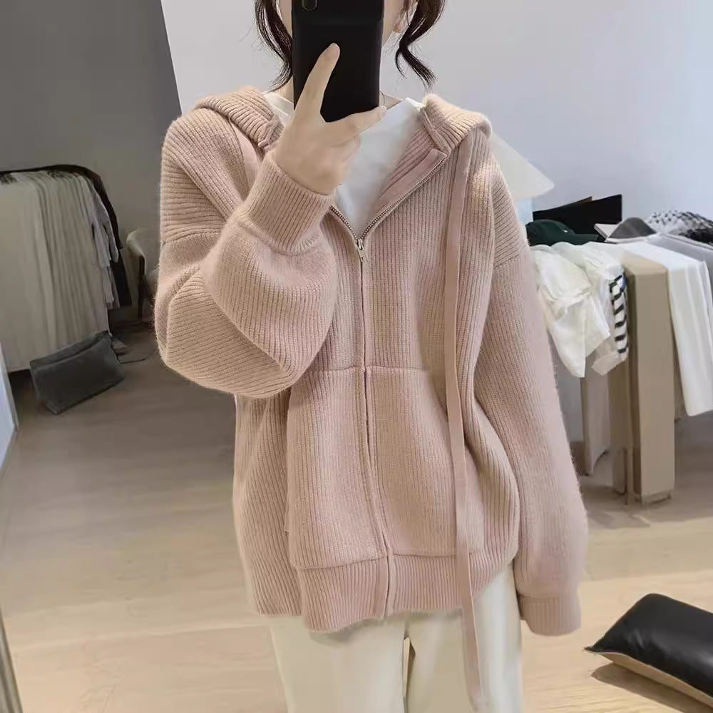 Women's loose hooded zip-up sweater