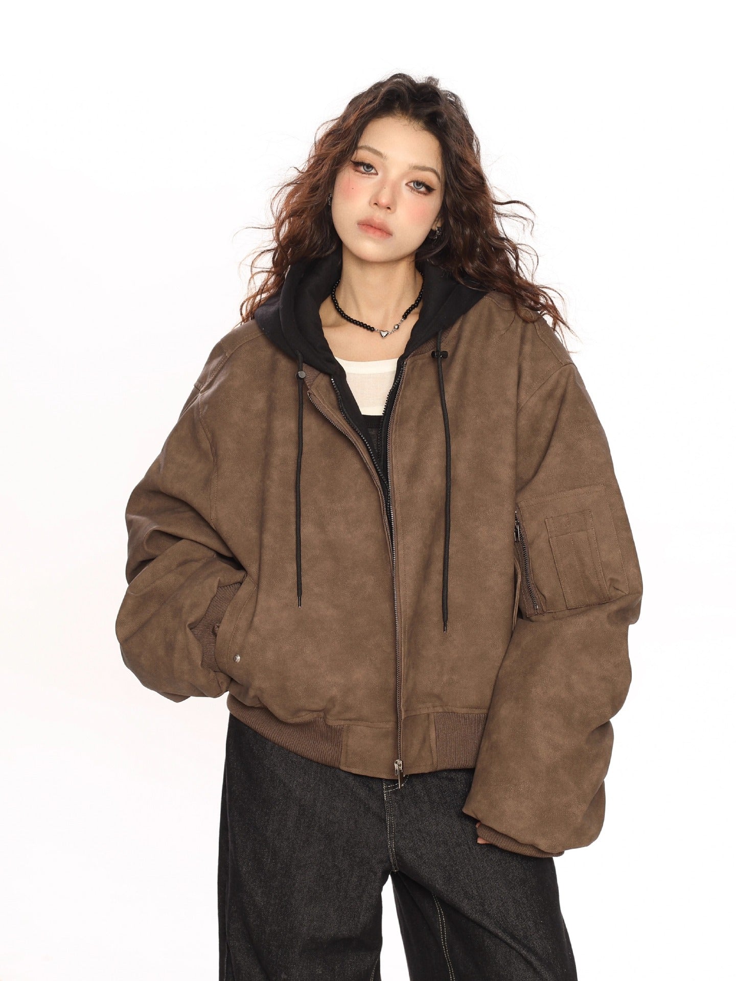 Double hooded jacket women's new loose-fitting flight suit jacket