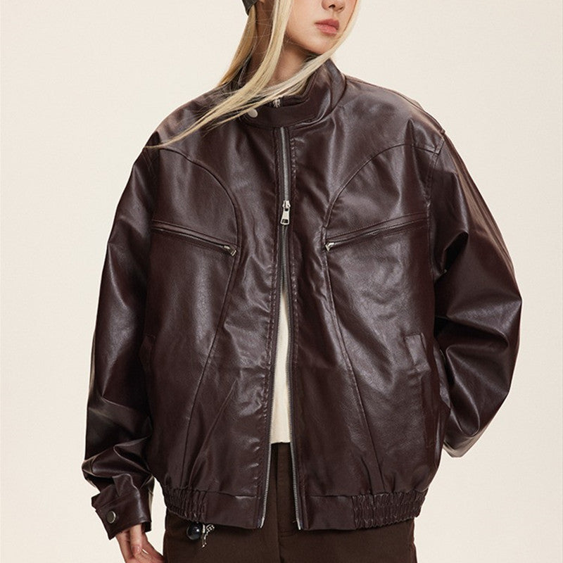 New pu leather jacket with double zipper pockets