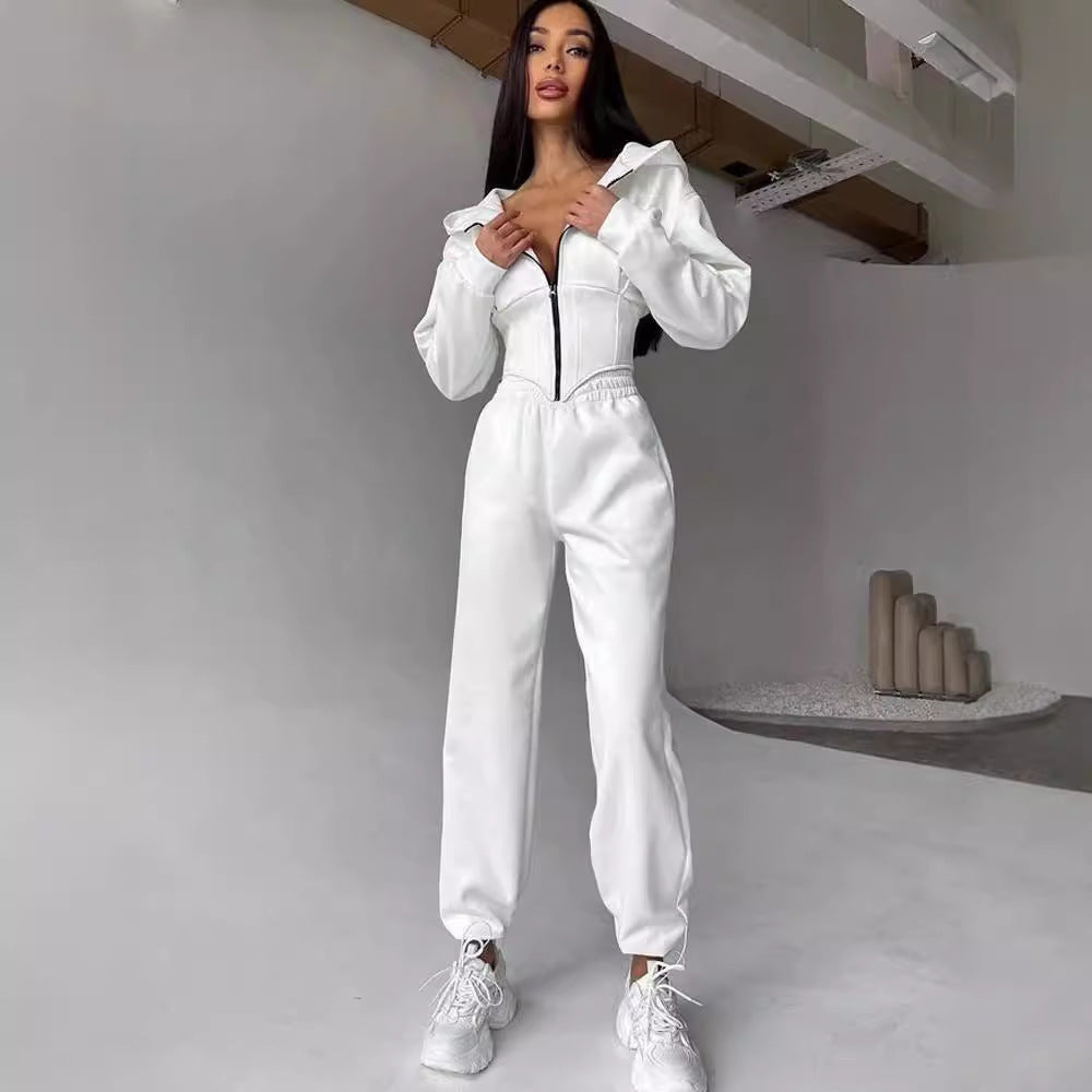 Belted hoodie pant suit sports casual pant two-piece set