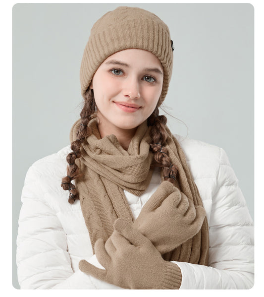 Outdoor knitted hat, scarf and gloves three-piece set