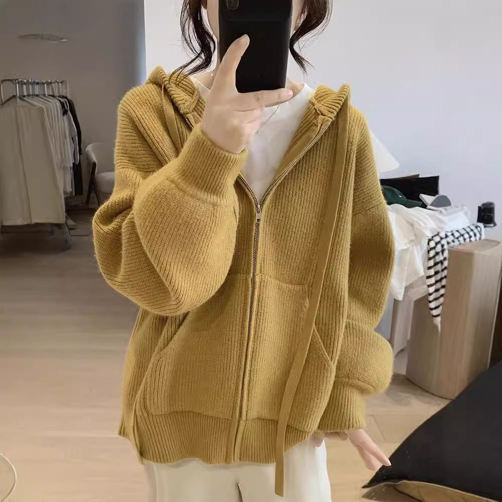 Women's loose hooded zip-up sweater