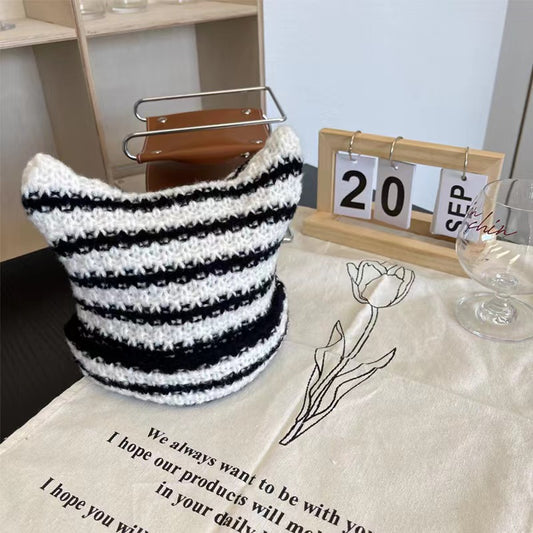 Cute striped hairball knit hat