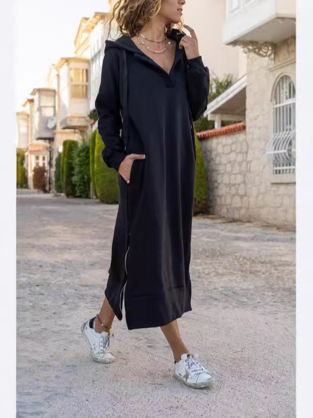 Large size knitted hooded long skirt plus fleece hoodie casual fashion dress large pocket skirt