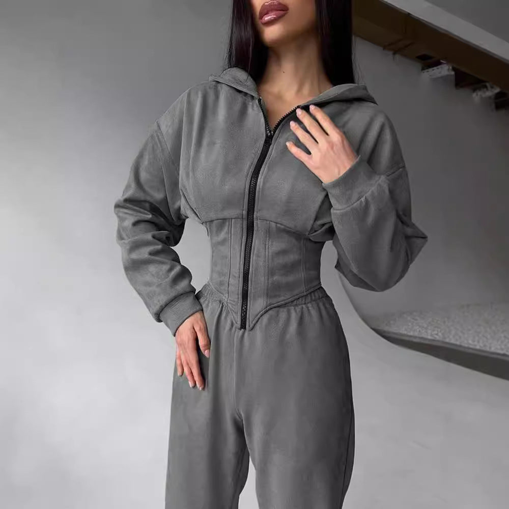 Belted hoodie pant suit sports casual pant two-piece set