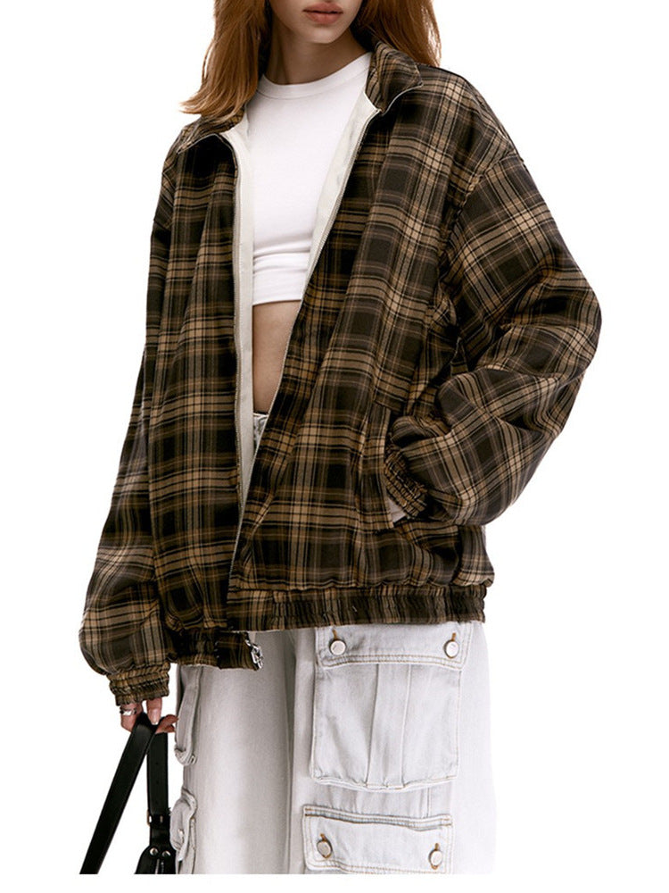 Vintage plaid double-sided wear lovers loose all-matching men and women's new autumn jacket