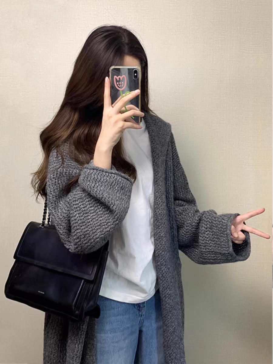 Mid-length gray hooded cardigan