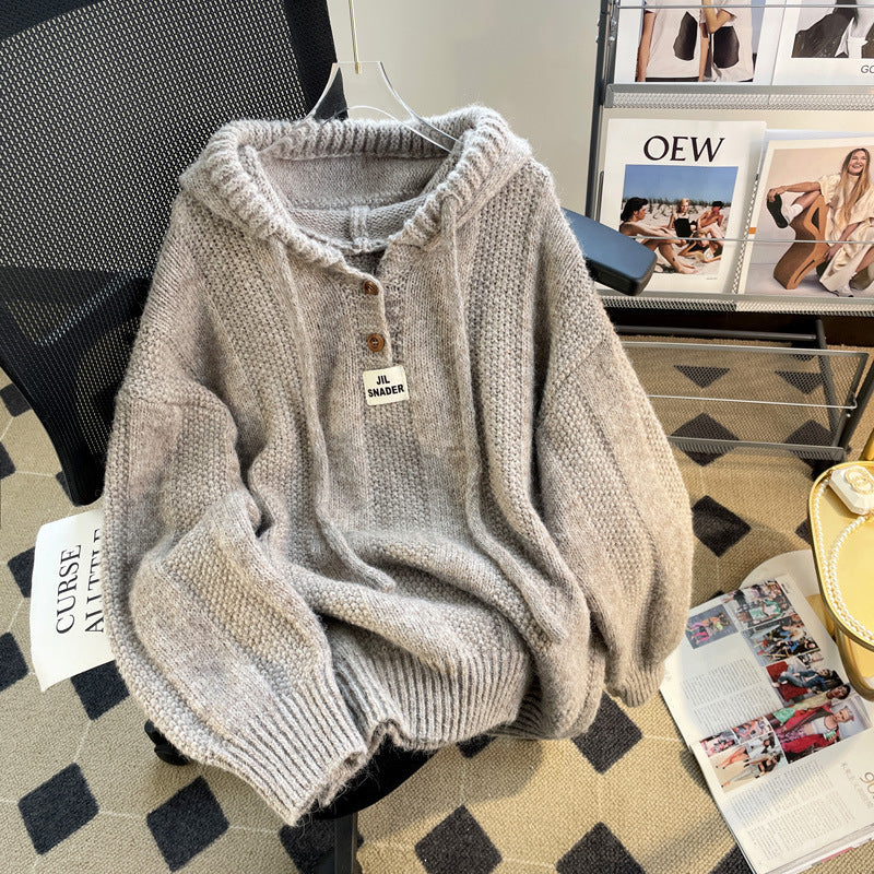 New loose and lazy drawstring sweater pullover threaded top