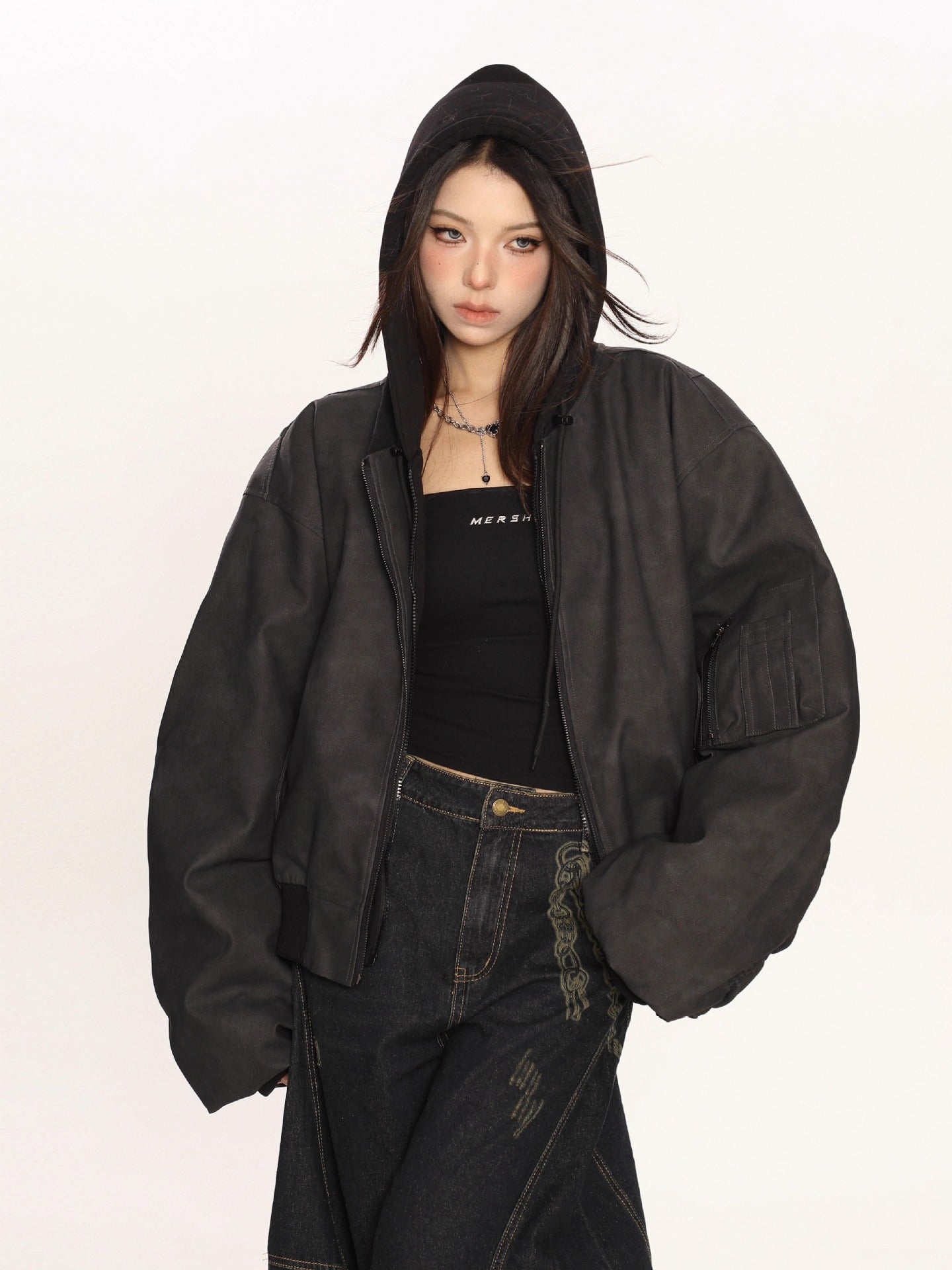 Double hooded jacket women's new loose-fitting flight suit jacket