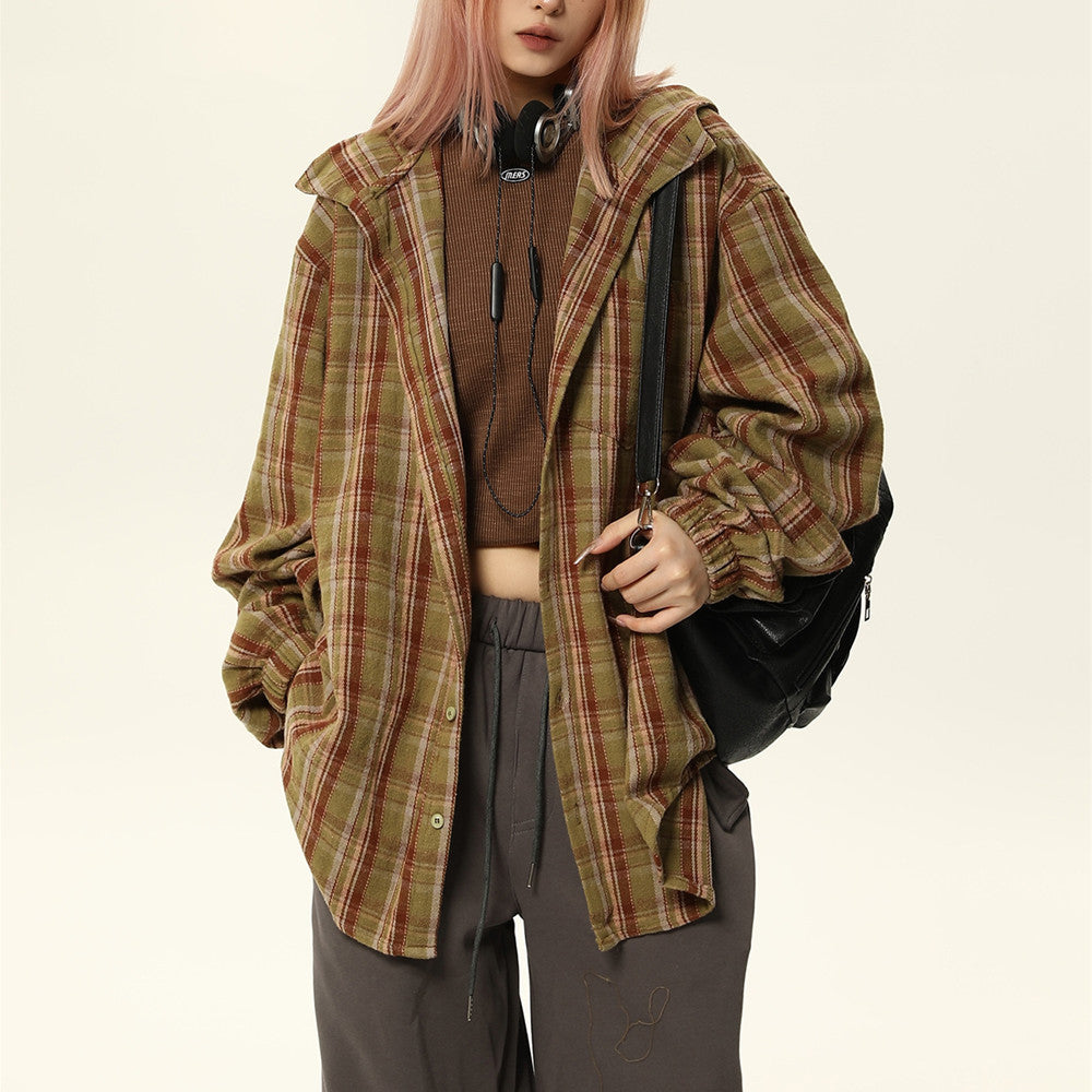 Deluxe loose-fitting shirt New vintage hooded plaid shirt