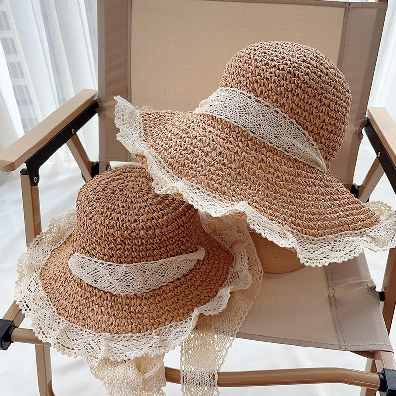 Family lace large brim shade straw hat with sun protection