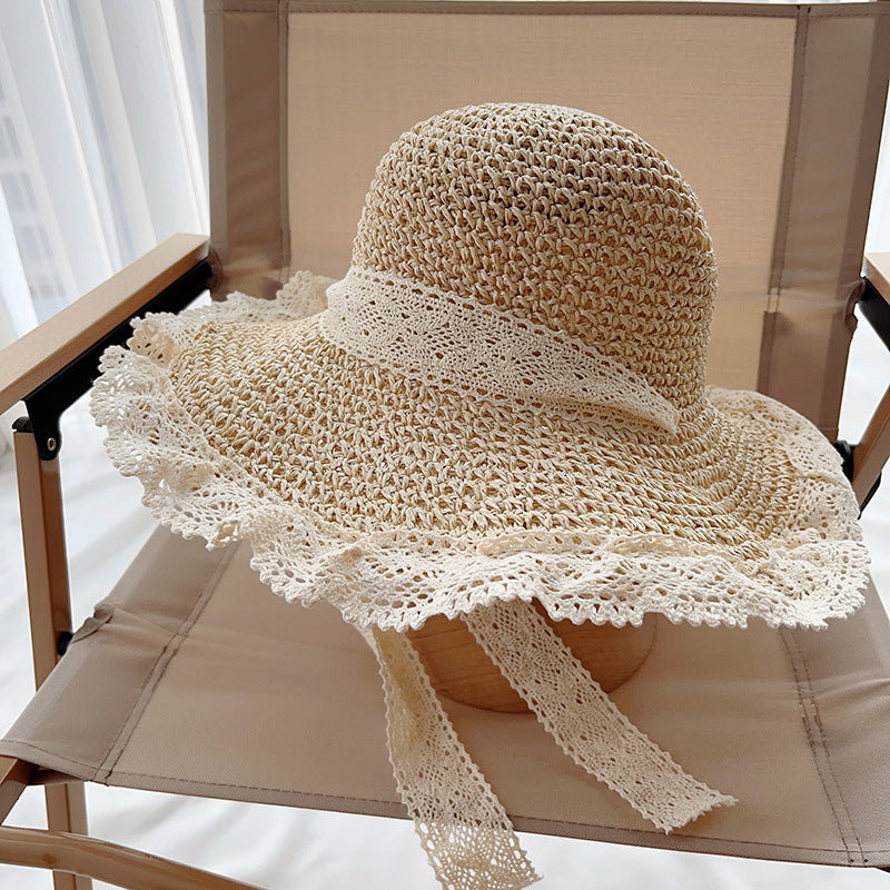 Family lace large brim shade straw hat with sun protection