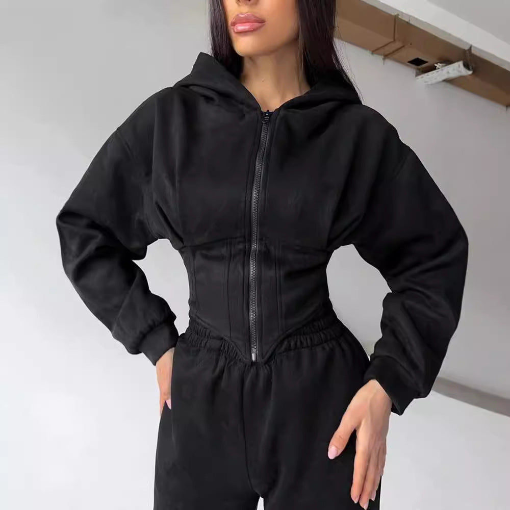 Belted hoodie pant suit sports casual pant two-piece set