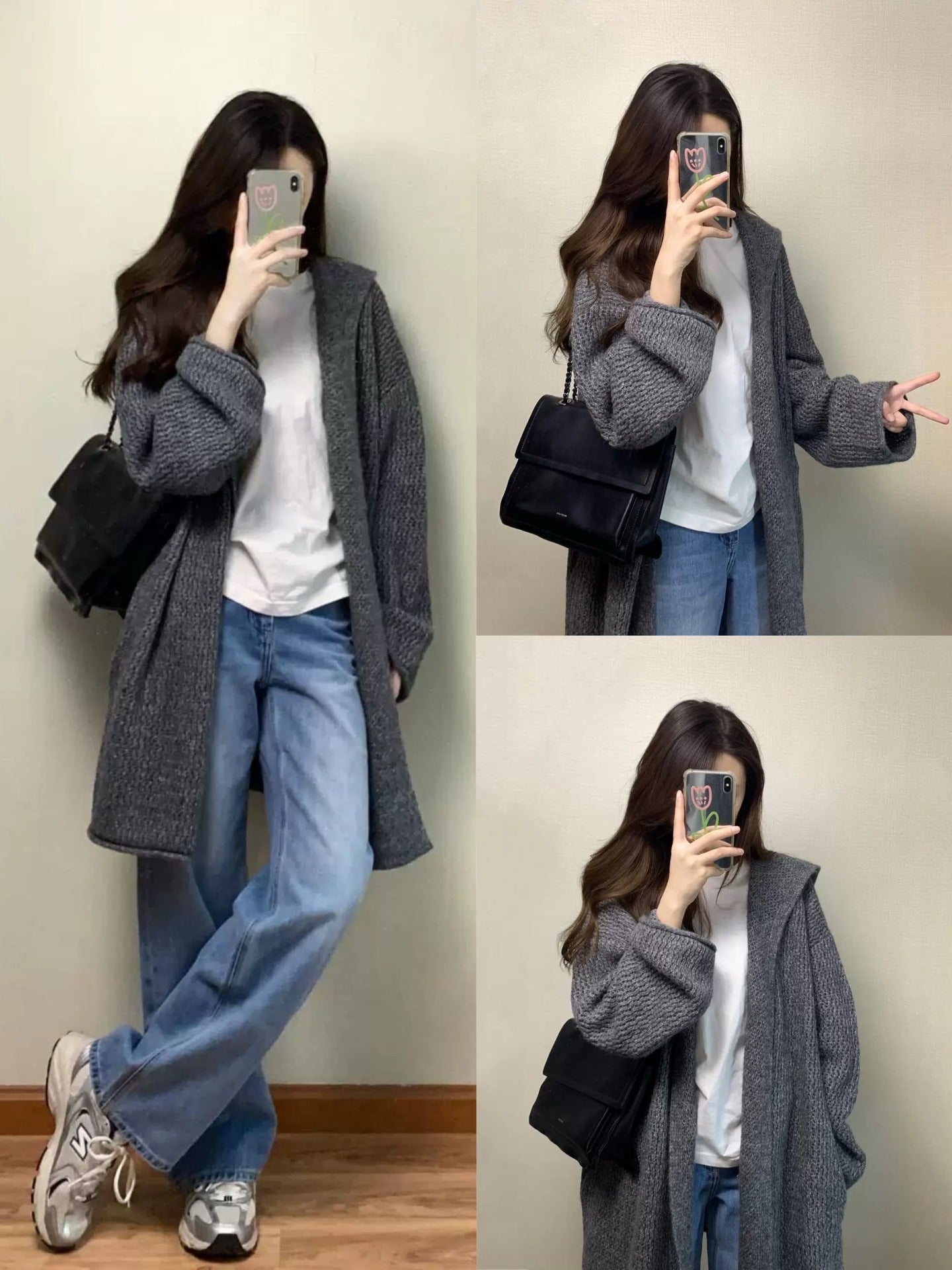 Mid-length gray hooded cardigan