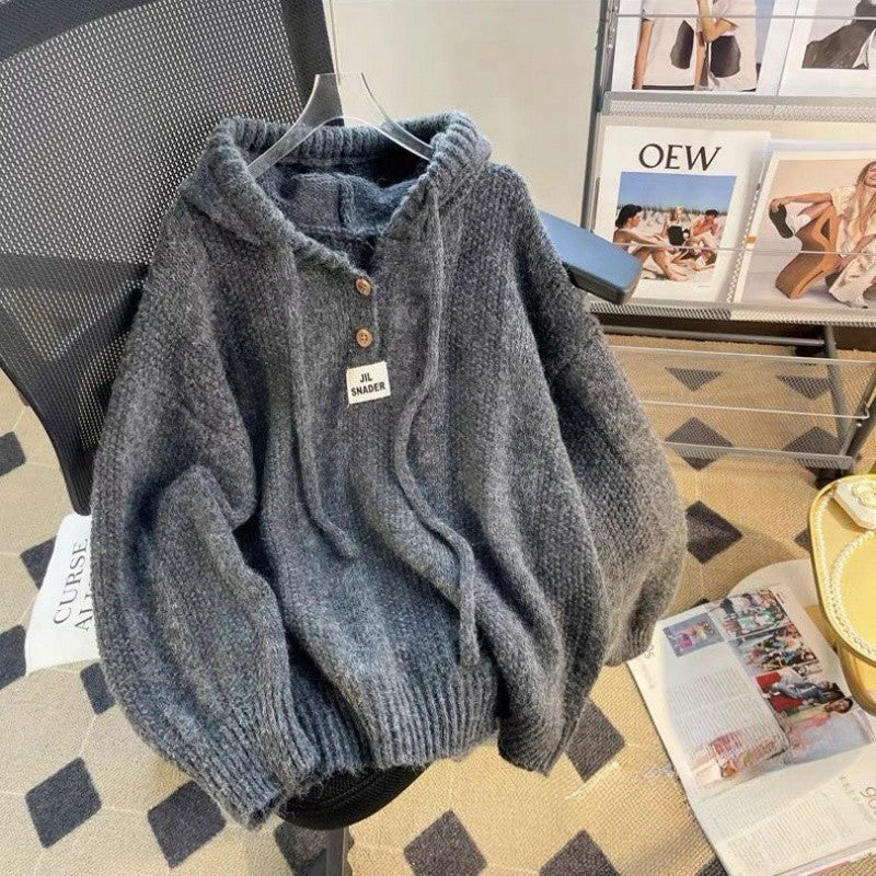 New loose and lazy drawstring sweater pullover threaded top