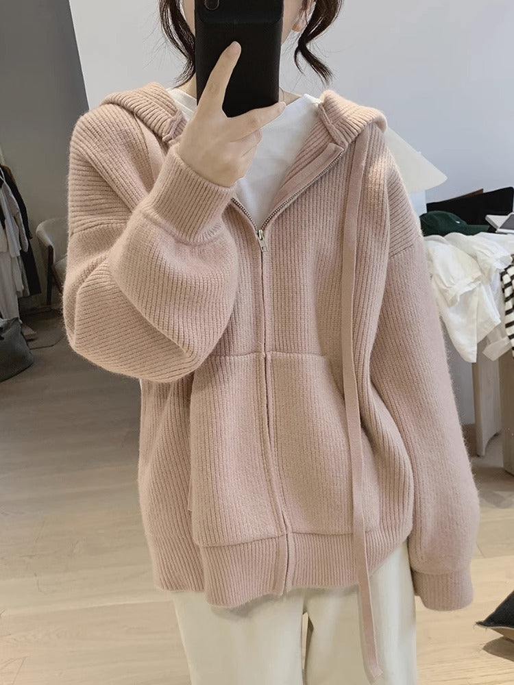 Women's loose hooded zip-up sweater