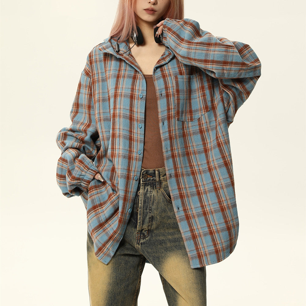 Deluxe loose-fitting shirt New vintage hooded plaid shirt