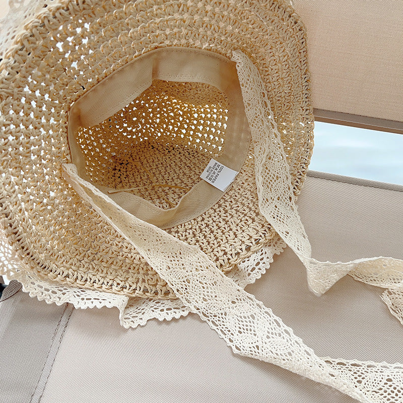 Family lace large brim shade straw hat with sun protection