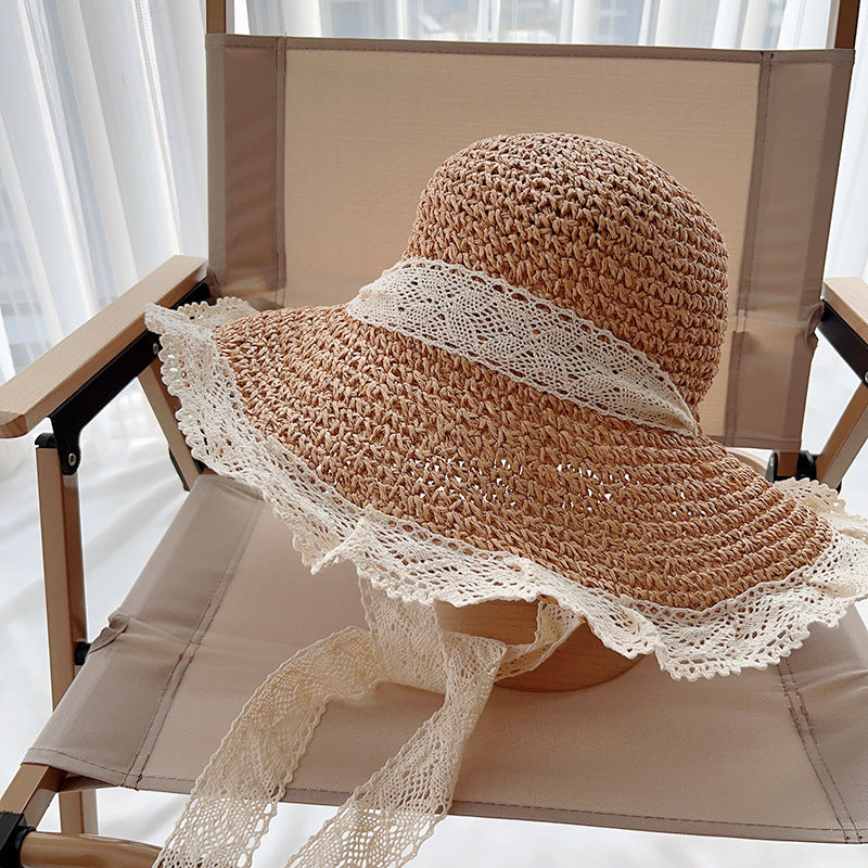 Family lace large brim shade straw hat with sun protection