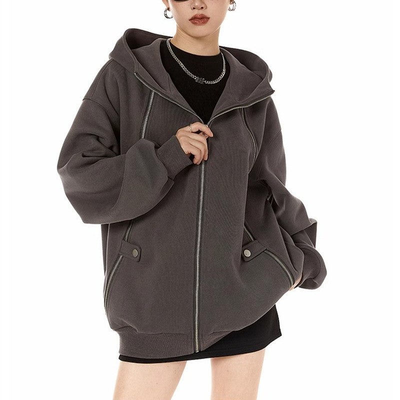 Retro three-zipper design sense new solid color loose casual jacket