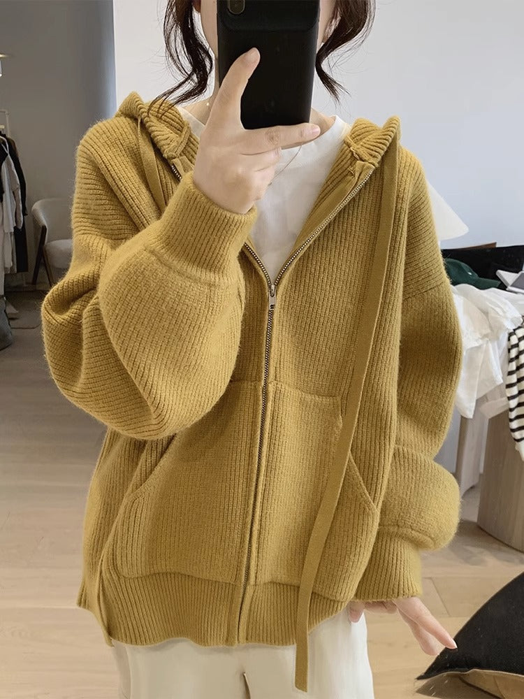 Women's loose hooded zip-up sweater