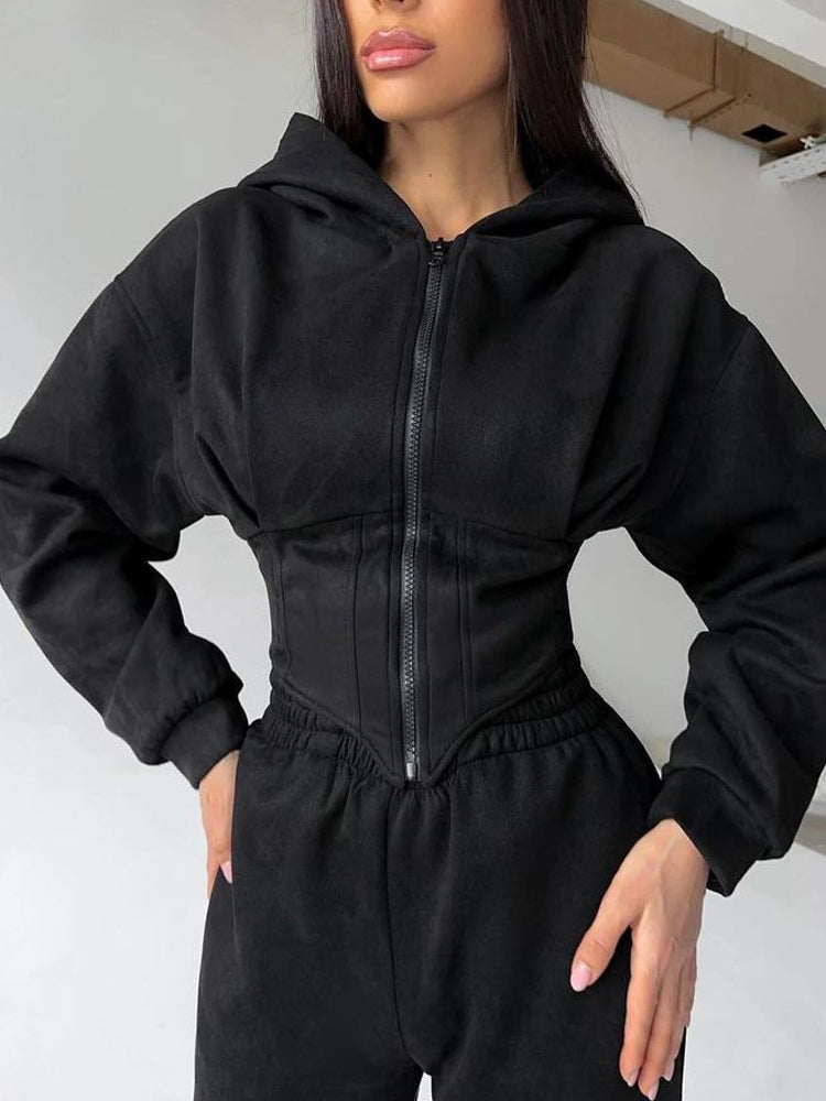 Belted hoodie pant suit sports casual pant two-piece set