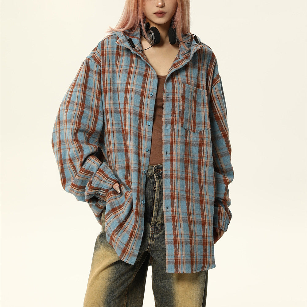 Deluxe loose-fitting shirt New vintage hooded plaid shirt