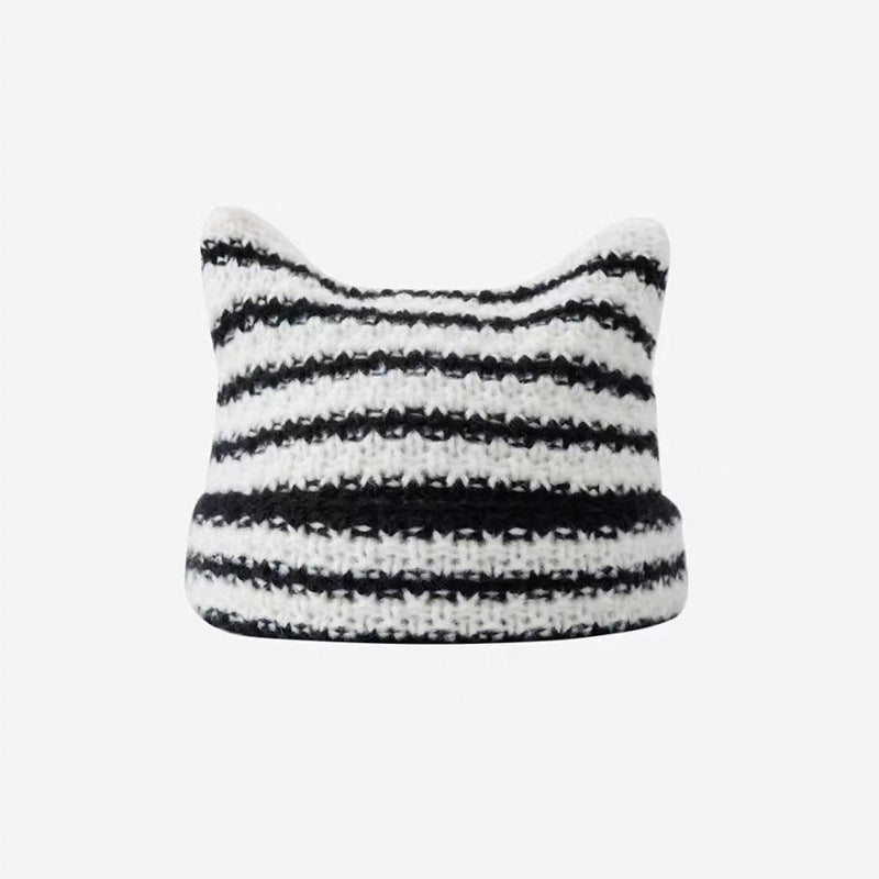 Cute striped hairball knit hat