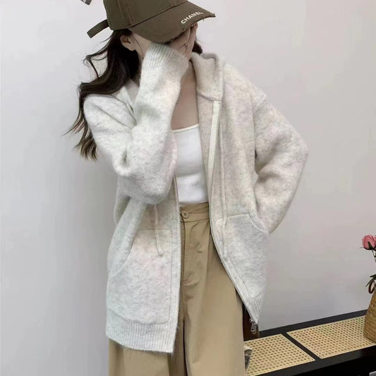 Soft waxy milk hooded sweater coat