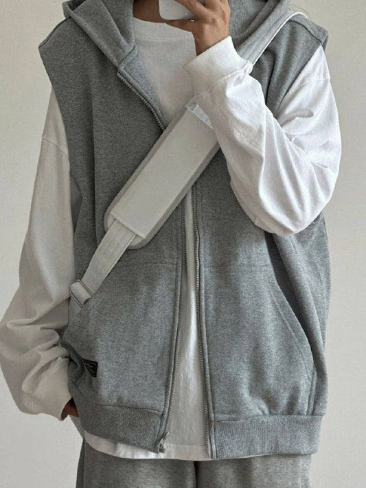 Grey sleeveless hooded zipper vest