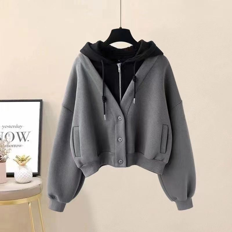 Hooded two short hoodie patchwork cardigan coat