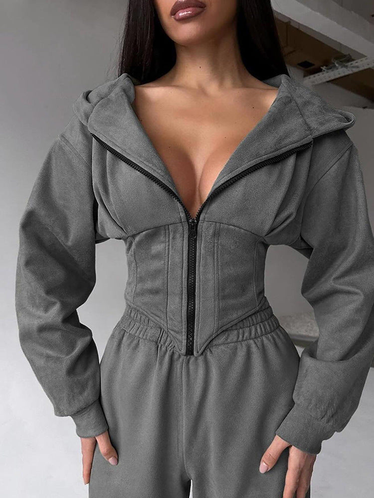 Belted hoodie pant suit sports casual pant two-piece set