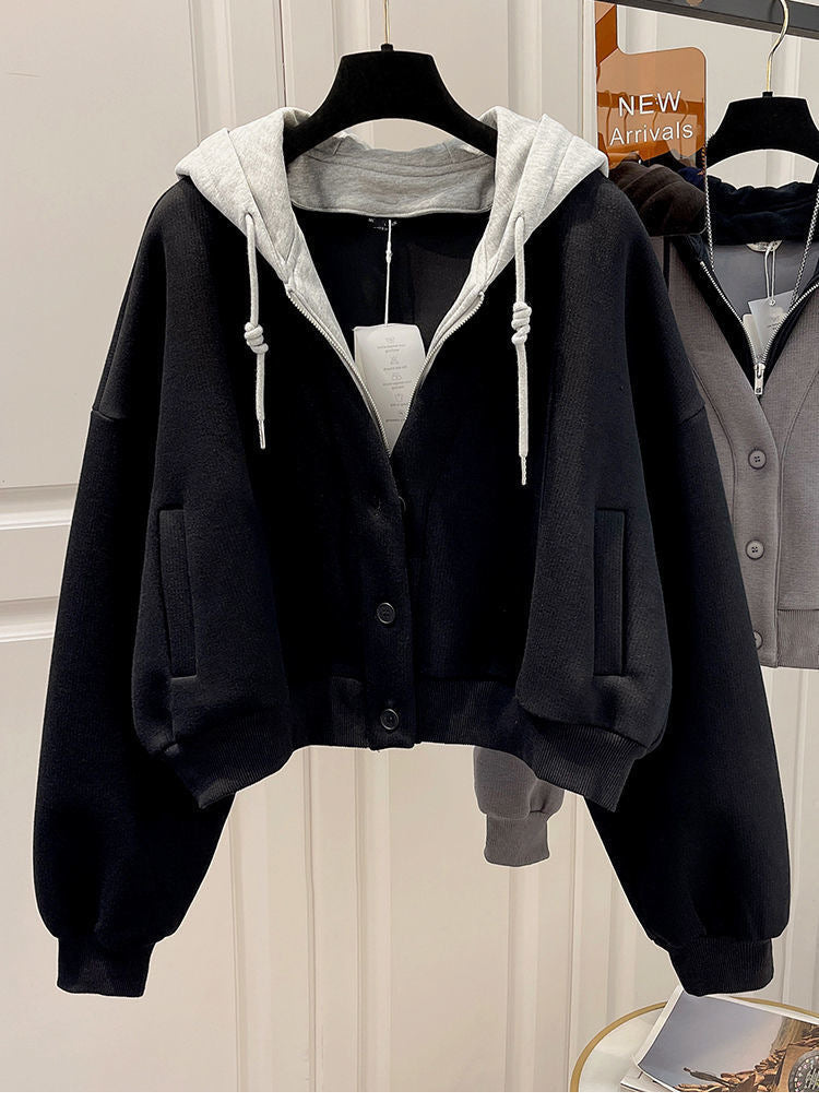 Hooded two short hoodie patchwork cardigan coat