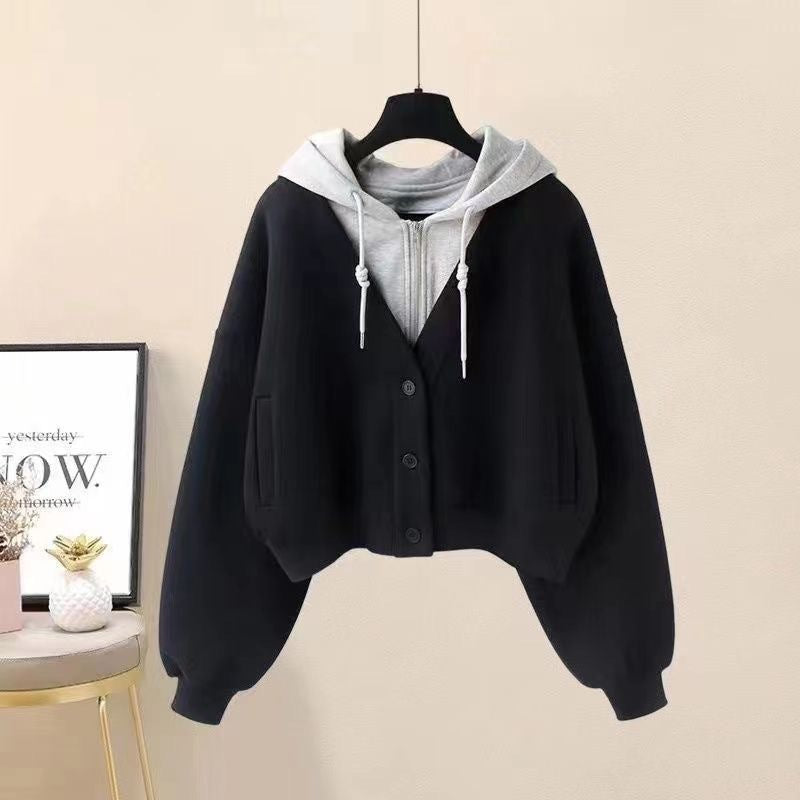 Hooded two short hoodie patchwork cardigan coat