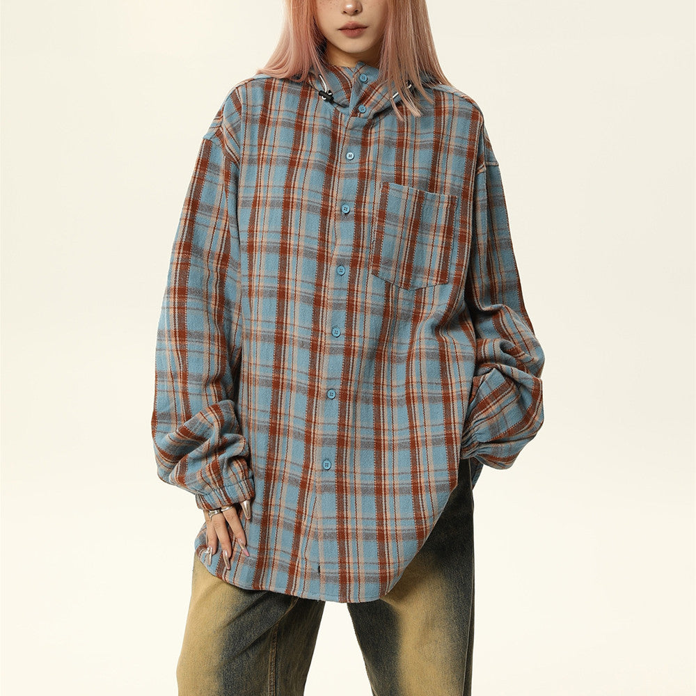 Deluxe loose-fitting shirt New vintage hooded plaid shirt