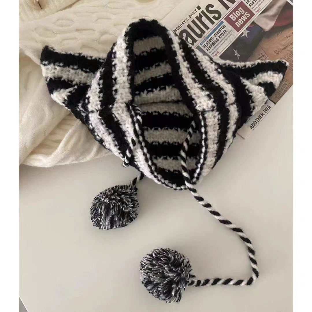 Cute striped hairball knit hat