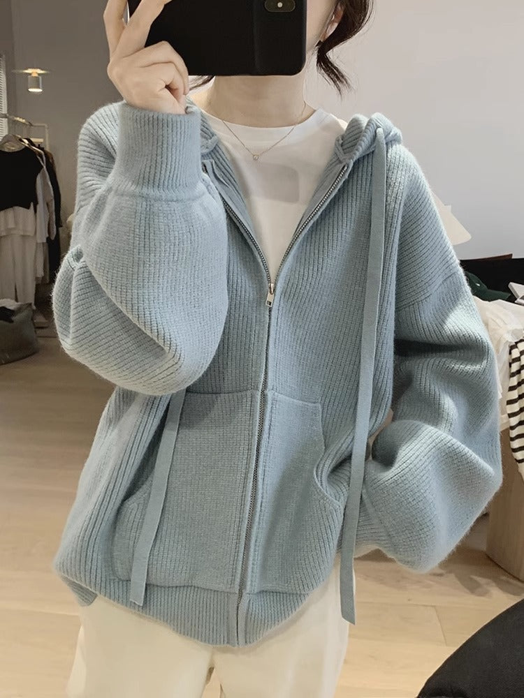 Women's loose hooded zip-up sweater